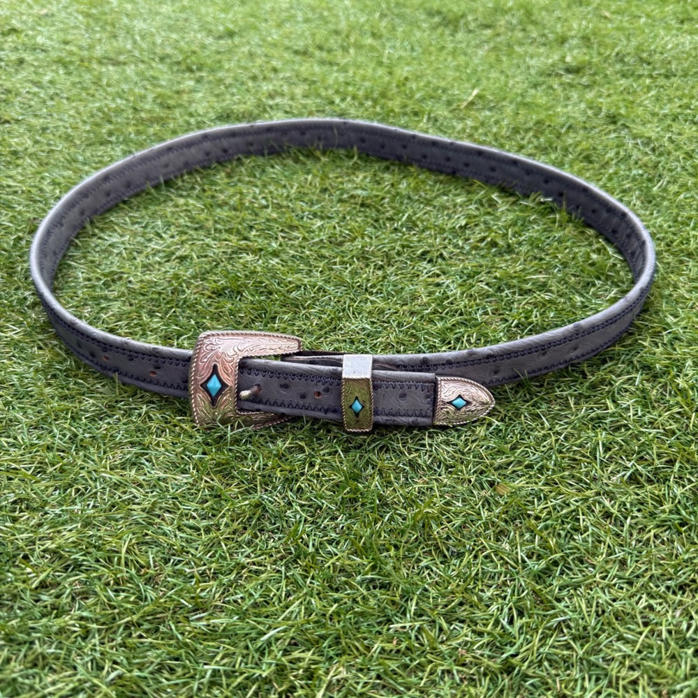 Western Belt Womens‎ Gray Ostrich Print Turquoise Silver Tone Buckle Size 38